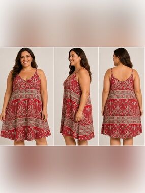 NWT WNEEDU Red Paisley Button Front Swing Dress Size L
